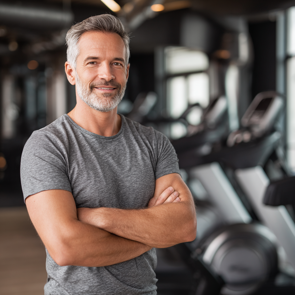 Middle-aged man exercising with confidence in modern fitness center
